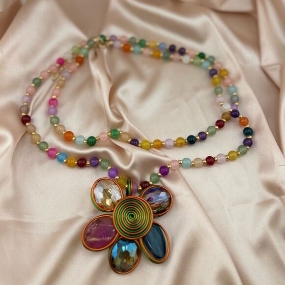 Rainbow Beaded Flower Pendant Necklace – Bold, Colorful & Totally Joyful! - Picture 5 of 12
